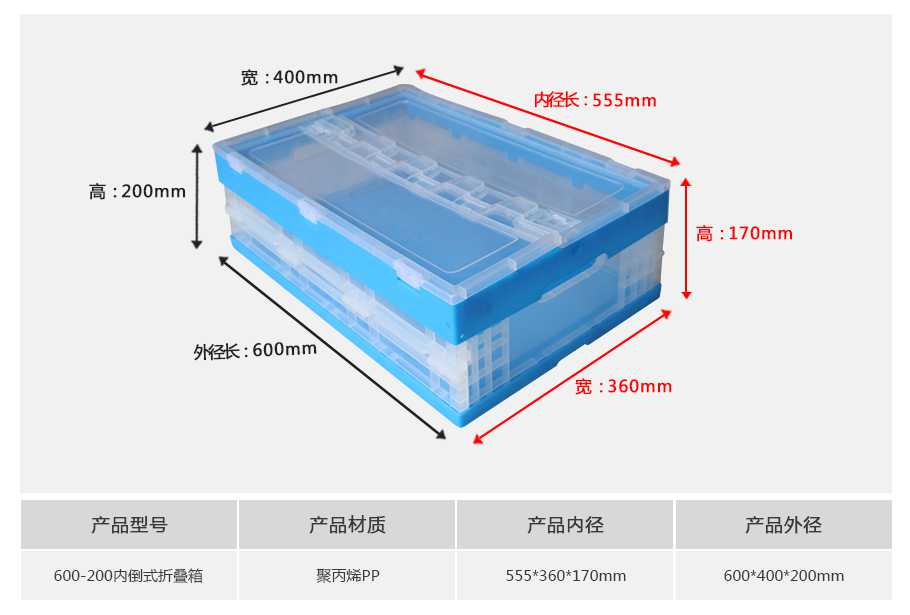 轩盛塑业600-200塑料内倒式折叠周转箱透明款